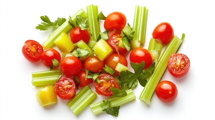 Aufkleber - Fresh cherry tomato salad with celery, arugula, and herbs on a white background showcasing healthy and vibrant ingredients.