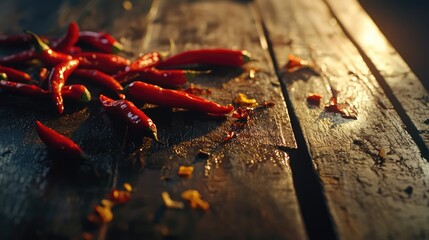 Poster - Fresh red chili peppers scattered on a rustic wooden table with warm lighting showcasing their vibrant color and texture.