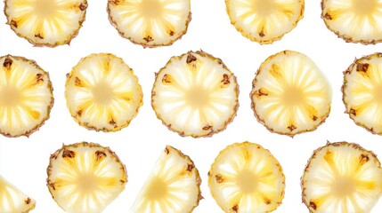 Aufkleber - Sliced ripe pineapple circles arranged in a symmetrical pattern on a clean white background showcasing fresh tropical fruit aesthetics