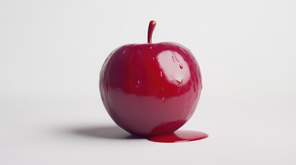 Aufkleber - Glossy red apple with droplets and spilled juice on white background showcasing freshness and temptation of fruit imagery.