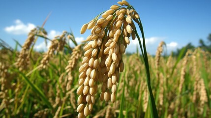 Poster - Golden rice grains in lush Indonesian field under blue sky during summer season.