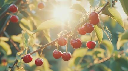 Aufkleber - Ripe cherries on tree branch glistening in sunlight showcasing a bountiful garden harvest during a beautiful sunny day