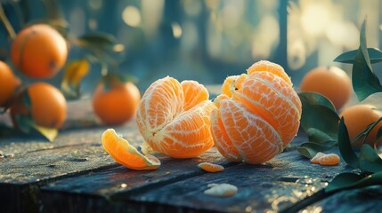 Aufkleber - Ripe peeled mandarin fruit displayed on rustic wood with blurred cluster of mandarin fruits and leaves in the background
