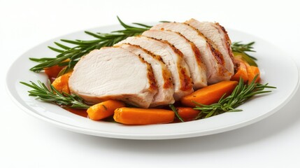 Aufkleber - Roast pork served with colorful vegetables and fresh herbs on a white plate for an appetizing culinary presentation