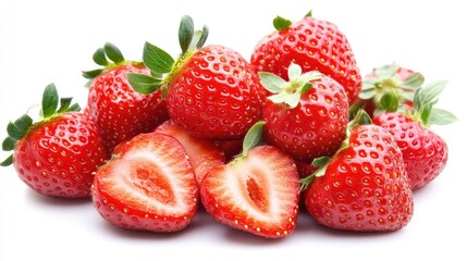 Aufkleber - Freshly harvested ripe strawberries with green leaves showcasing a vibrant red color on a clean background, ideal for culinary themes.