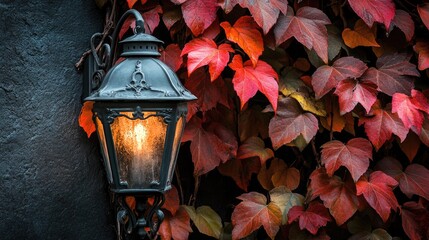 Aufkleber - Classic outdoor lamp surrounded by vibrant autumn leaves highlighting a rustic charm in a serene outdoor setting.
