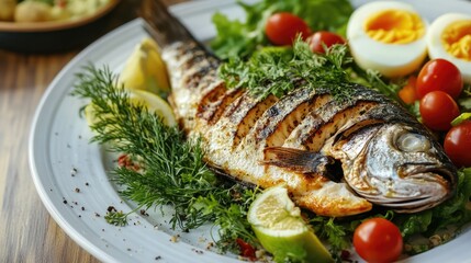 Poster - Grilled fish served with fresh salad, boiled eggs, cherry tomatoes, and garnished with herbs on a rustic wooden table