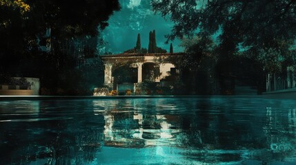 Poster - Villa reflection in tranquil pool water surrounded by lush greenery and atmospheric lighting creating a serene and picturesque scene