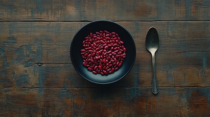 Poster - Red kidney beans in a black bowl with a spoon on a wooden table flat lay view highlighting food preparation and natural textures