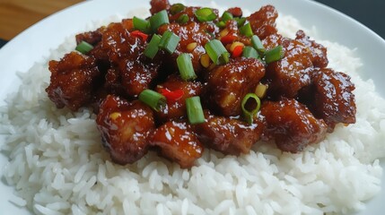 Aufkleber - Delicious stir-fried crispy pork with chili sauce served on a bed of fluffy white rice garnished with fresh green onions and peppers.