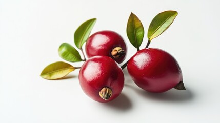 Aufkleber - Red flacourtia rukam fruit with green leaves arranged aesthetically on a white background showcasing its vibrant color and natural beauty