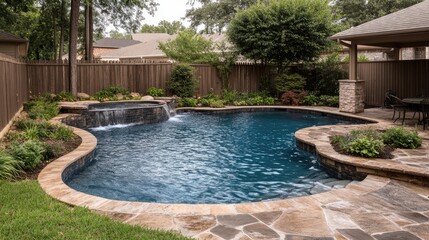 Poster - Suburban Residential Backyard Pool Featuring Landscaped Surroundings and Elegant Waterfall Elements