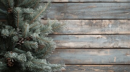 Aufkleber - Rustic wooden background with evergreen branches and pinecones ideal for holiday and Christmas themed designs and greeting cards.