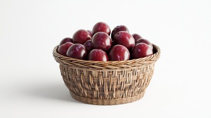 Aufkleber - Ripe red plums piled in a woven basket on a clean white background showcasing fresh fruit and healthy eating concepts