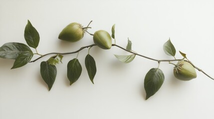 Poster - Fresh Passiflora edulis fruits hanging on a vine with green leaves isolated on a neutral background showcasing organic horticulture beauty