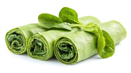 Aufkleber - Healthy rolled pancakes filled with fresh spinach showcasing vibrant green colors on a clean white background.