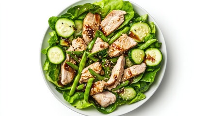 Poster - Chicken and vegetable salad with asparagus green beans zucchini cucumber and lettuce topped with soy sauce viewed from above on a white background