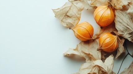 Aufkleber - Ripe physalis fruits with dry husk on a pale background showcasing natural textures and colors for food or botanical themes.