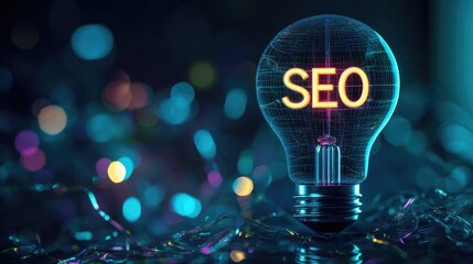 Poster - SEO concept illuminated in a light bulb symbolizing innovative strategies to enhance website traffic and improve search engine rankings.