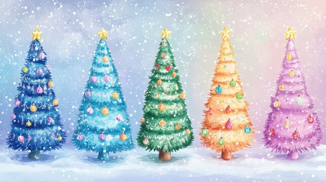 A whimsical illustration featuring six uniquely decorated Christmas trees with different patterns, colors, and ornaments on a snowy pastel background