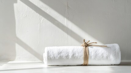 Leinwandbilder - White spa towel elegantly rolled and tied with hemp rope on a bright counter table with soft shadows and ample copy space for design use