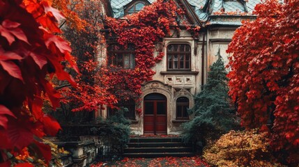 Aufkleber - Vibrant red foliage enveloping historic architecture showcasing the beauty of nature and design in an autumn setting.
