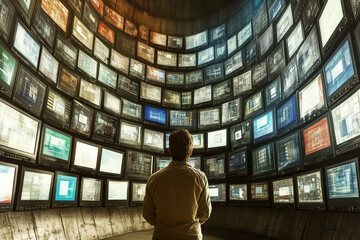 Wall Mural - a male it professional with their back to the viewer observing the large amount of computer monitors