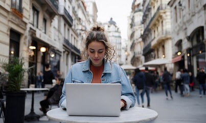 Wall Mural - Woman Typing on Laptop in Bustling City Cafe