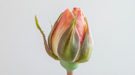 Aufkleber - Delicate rose bud showcasing soft pink and green hues against a minimalist white backdrop for floral design and nature themes.