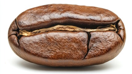 Poster - Close-up of a roasted coffee bean isolated on a white background highlighting its rich texture and natural oils in detail.