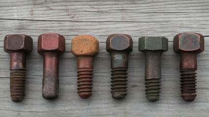 Poster - Rusty screw heads arranged on a weathered wooden surface showcasing varying textures and colors in a detailed industrial composition