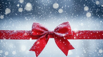 Poster - Red bow on a snowy backdrop with delicate snowfall creating a festive winter atmosphere ideal for holiday themes and celebrations