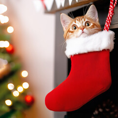 Wall Mural - Cute cat peeking from Christmas stocking by a festive tree