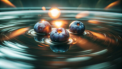Poster - Three blueberries float on the surface of water, creating ripples as they add colorful details to the reflective scene. Sparks of light dance around, enhancing the visual composition