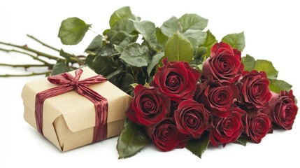 Poster - Romantic red roses and a beautifully wrapped gift box on a clean white background ideal for floral and gifting occasions