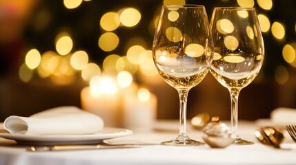 Poster - Elegant restaurant table setting with blurred bokeh lights and wine glasses creates a warm and inviting atmosphere for dining experiences.