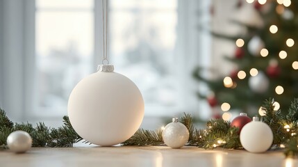 Aufkleber - Elegant round white wooden Christmas ornament mockup with greenery and soft bokeh lights in a cozy holiday setting.