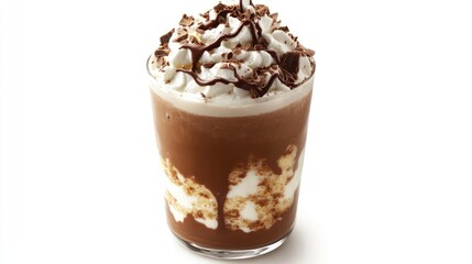 Poster - Chocolate shake topped with whipped cream and chocolate drizzle served in a clear glass on a white background