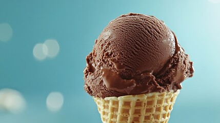 Poster - Chocolate ice cream scoop in a waffle cone set against a vibrant blue background showcasing delicious dessert appeal
