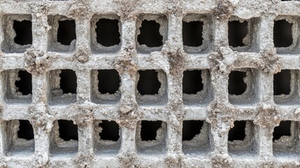 Poster - Textured concrete wall with square openings for industrial backgrounds or architectural designs showcasing construction materials and techniques.