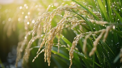 Aufkleber - Close-up of rice grains on a vibrant plant with dewdrops highlighting their unique features in a lush paddy field during sunrise