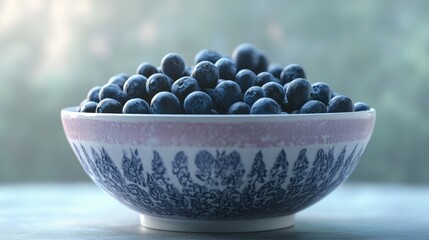 Poster - Bowl brimming with fresh blueberries showcasing vibrant colors and intricate porcelain design in a natural light setting