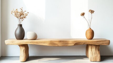 Leinwandbilder - Scandinavian home decor featuring wooden bench with dried flowers in vases on a side table against a minimalist white wall aesthetic