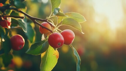 Aufkleber - Red plumleaf crab apple Malus prunifolia fruits on branch with green leaves in autumn sunlight showcasing vibrant colors and natural beauty