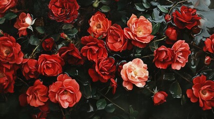 Poster - Vibrant roses in various shades of red blooming amidst lush green foliage in a serene garden setting.