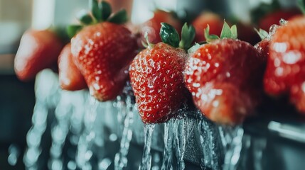Aufkleber - Rinsing vibrant ripe strawberries under flowing water with selective focus showcasing fresh produce and clean eating concepts