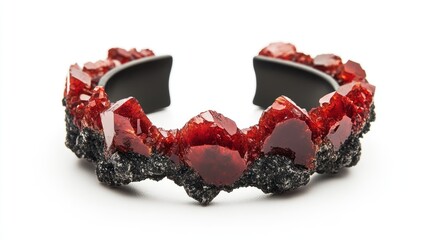 Poster - Elegant red mineral bracelet showcasing unique textures set against a clean white background for a striking visual appeal.