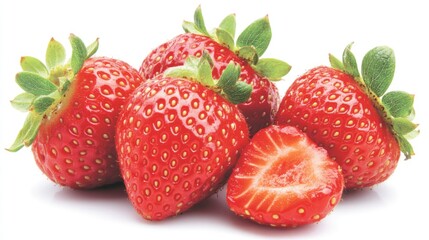 Poster - Fresh strawberries arranged artistically on a clean white background showcasing their vibrant red color and texture.