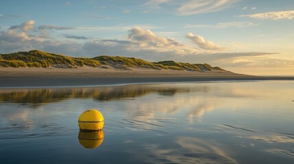 Aufkleber - Scenic coastal sunset with low tide reflecting yellow buoy and sand dunes in the background showcasing tranquil beach atmosphere
