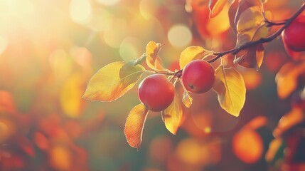 Aufkleber - Red plumleaf crab apple Malus prunifolia fruits on branch with vibrant leaves glowing in autumn sunlight against a blurred background